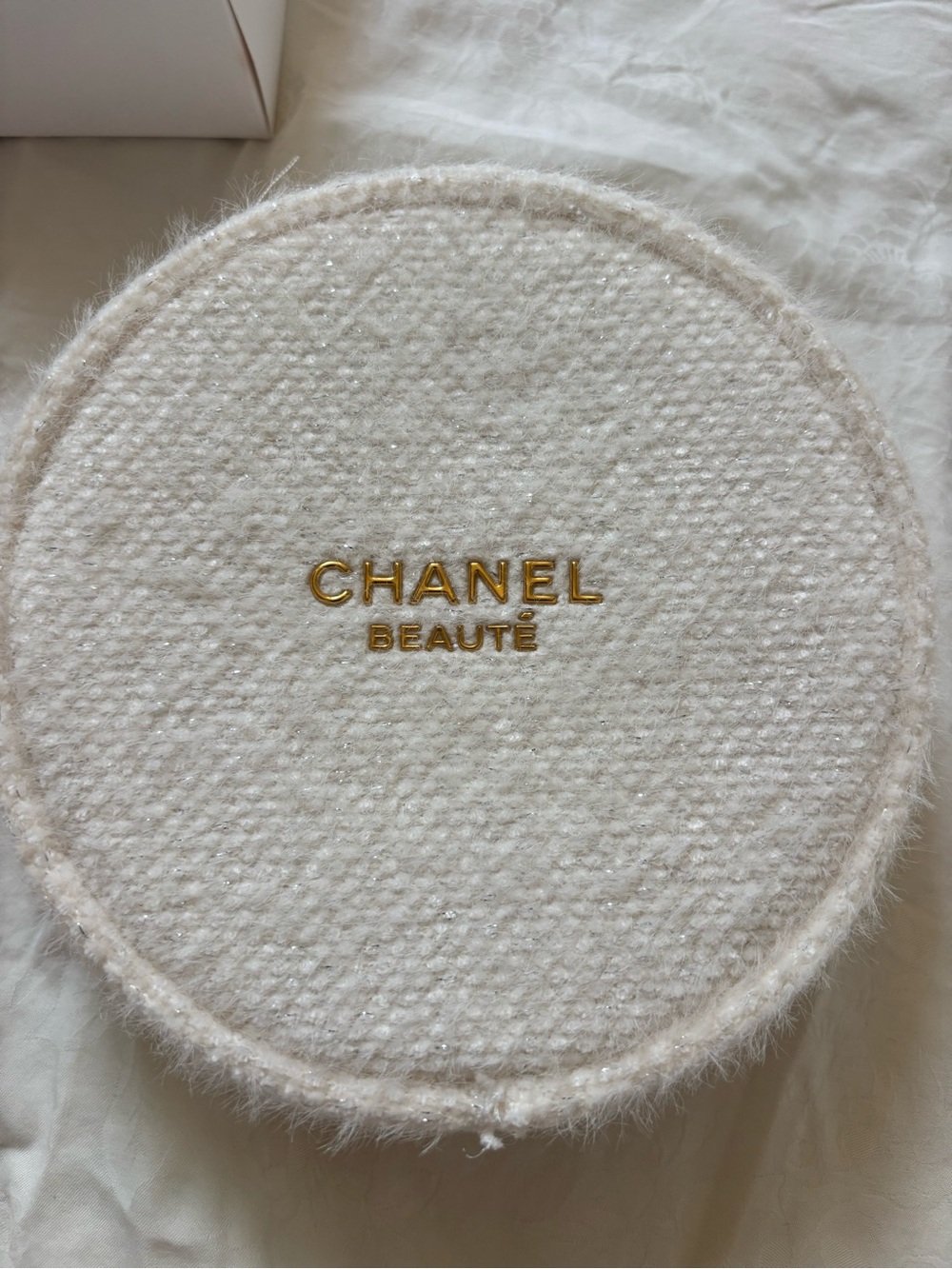 CHANEL Beauté Cream Textured Round Cosmetic Case with Gold Logo